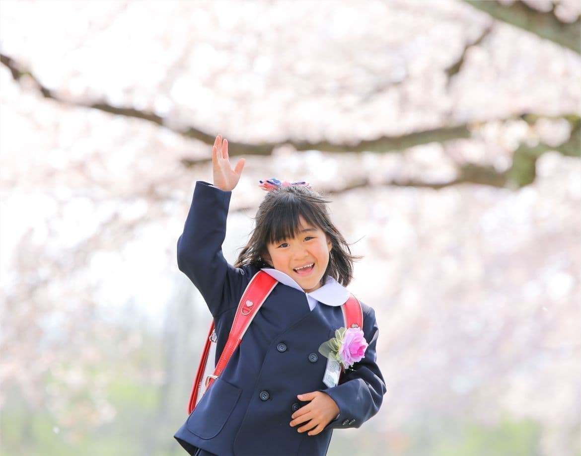 福井県越前市の桜の前での入学写真